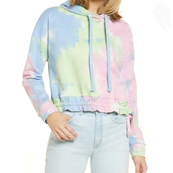 Blank NYC Hoodie Tie Dye Long Sleeve Pullover Ruched Hem Ties Multicolor M NWT - Picture 2 of 16